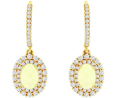 1.85CT DIAMOND & AAA OPAL 14KT YELLOW GOLD 3D OVAL DOUBLE HALO HANGING EARRINGS