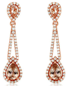 2.41CT DIAMOND & AAA MORGANITE 14KT ROSE GOLD TEAR DROP CLASSIC HANGING EARRINGS