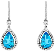 5.04CT DIAMOND & AAA BLUE TOPAZ 14KT WHITE GOLD PEAR SHAPE HALO HANGING EARRINGS