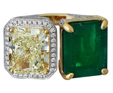 LARGE 14.90CT WHITE & FANCY YELLOW DIAMOND & AAA EMERALD 18K 2 TONE GOLD 3D RING