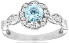 .82CT DIAMOND & AAA AQUAMARINE 14KT WHITE GOLD ROUND HALO FLORAL FRIENDSHIP RING