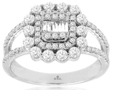 1.0CT DIAMOND 14KT WHITE GOLD ROUND & BAGUETTE CLUSTER FLOWER ANNIVERSARY RING