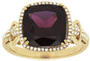 LARGE 5.1CT DIAMOND & AAA RHODOLITE 14KT YELLOW GOLD CUSHION & ROUND HALO RING