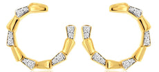 0.20CT DIAMOND 14KT YELLOW GOLD 3D ROUND BAMBOO SIDEWAY HOOP FUN HANGING EARRINGS