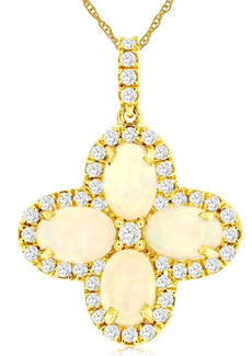 1.65CT DIAMOND & AAA OPAL 14KT YELLOW GOLD OVAL & ROUND FLOWER FLOATING PENDANT