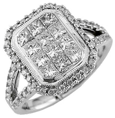 WIDE 1.60CT DIAMOND 14KT WHITE GOLD PRINCESS & ROUND INVISIBLE SQUARE HALO RING