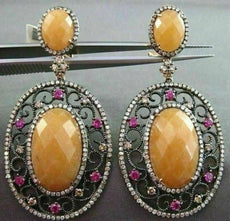 ANTIQUE LARGE 3.12CT DIAMOND & MULTI GEM 14K ROSE & BLACK GOLD FILIGREE EARRINGS