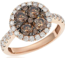 2.27CT WHITE & CHOCOLATE FANCY DIAMOND 14K ROSE GOLD FLOWER HALO FRIENDSHIP RING