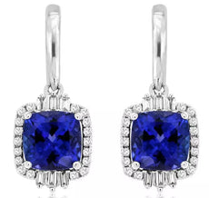 LARGE 3.44CT DIAMOND & AAA TANZANITE 14KT WHITE GOLD 3D CUSHION HANGING EARRINGS