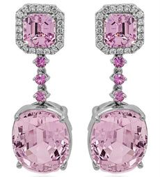 LARGE 50.65CT DIAMOND & AAA PINK SAPPHIRE & KUNZITE 18KT WHITE GOLD FUN EARRINGS