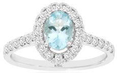1.15CT DIAMOND & AAA AQUAMARINE 14KT WHITE GOLD 3D OVAL & ROUND HALO FLORAL RING