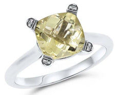 2.05CT DIAMOND & AAA LEMON QUARTZ 14KT WHITE GOLD 3D CUSHION & ROUND FUN RING
