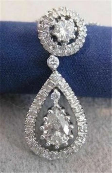 ANTIQUE 1.12CT DIAMOND PEAR 14K WHITE GOLD HANGING HALO DROP PENDANT CHAIN #1067