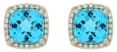 4.46CT DIAMOND & AAA BLUE TOPAZ 14KT WHITE GOLD 3D CUSHION & ROUND HALO EARRINGS