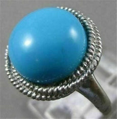 ESTATE ROUND TURQUOISE SOLITAIRE 14KT WHITE GOLD FILIGREE COCKTAIL RING #20428