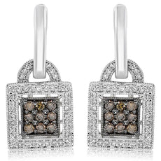 .62CT WHITE & MOCHA DIAMOND 14KT WHITE GOLD CLUSTER SQUARE LOCK HANGING EARRINGS