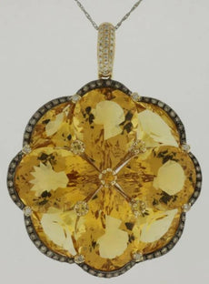 39.52CT WHITE & MOCHA DIAMOND & AAA CITRINE 14KT YELLOW GOLD 3D FLOWER PENDANT