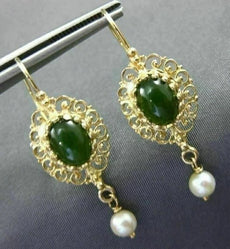 ANTIQUE JADE & SOUTH SEA PEARL 14K YELLOW GOLD 3D FILIGREE OVAL HANGING EARRINGS