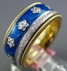 WIDE .28CT DIAMOND & BLUE ENAMEL 18KT YELLOW GOLD MULTI FLOWER ETERNITY FUN RING