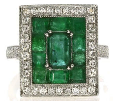 3.59CT DIAMOND & AAA EMERALD 18K WHITE GOLD SQUARE HALO RECTAGULAR FILIGREE RING