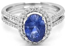 ESTATE 3.33CT DIAMOND & AAA SAPPHIRE 18K WHITE GOLD OVAL & ROUND ENGAGEMENT RING