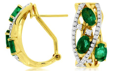 WIDE 1.58CT DIAMOND & AAA EMERALD 14KT YELLOW GOLD OVAL & ROUND HANGING EARRINGS