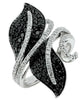 WIDE 1.4CT WHITE & BLACK DIAMOND 14K WHITE GOLD DOUBLE LEAF CRISS CROSS FUN RING