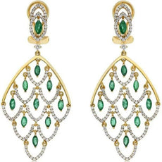 3.3CT DIAMOND & AAA EMERALD 18K YELLOW GOLD ROUND & MARQUISE CHANDELIER EARRINGS