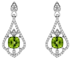1.46CT DIAMOND & AAA PERIDOT 14KT WHITE GOLD FLOWER TEAR DROP HANGING EARRINGS