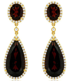 17.75CT DIAMOND & AAA GARNET 14KT YELLOW GOLD 3D OVAL TEAR DROP HANGING EARRINGS