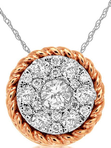 .30CT DIAMOND 14KT WHITE & ROSE GOLD SOLITAIRE CLUSTER FLORAL FLOATING PENDANT