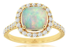 2.0CT DIAMOND & AAA OPAL 14KT YELLOW GOLD CUSHION & ROUND SQUARE HALO LOVE RING