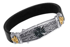 18K YELLOW GOLD & 925 SILVER AAA BLACK SPINEL CROSS 3D FILIGREE RUBBER BRACELET