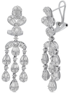 3.42CT DIAMOND 18KT WHITE GOLD ROUND & BAGUETTE FLOWER MULTI TEAR DROP EARRINGS