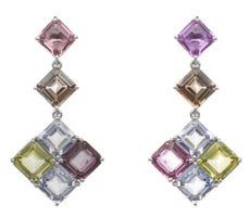 24.82CT AAA MULTI COLOR SAPPHIRE 18KT WHITE GOLD 3D EMERALD CUT HANGING EARRINGS