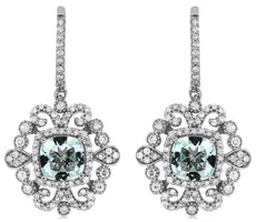2.60CT DIAMOND & AAA AQUAMARINE 14KT WHITE GOLD CUSHION & ROUND HANGING EARRINGS