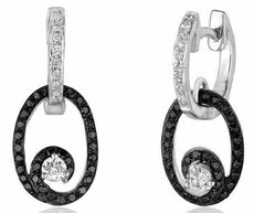 ESTATE .55CT WHITE & BLACK DIAMOND 14K WHITE GOLD 3D OVAL SWIRL HANGING EARRINGS