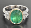 3.69CT DIAMOND & AAA EMERALD 18KT 2 TONE GOLD OVAL BEZEL 3 STONE ENGAGEMENT RING