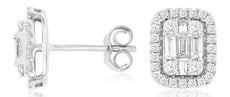ESTATE .77CT DIAMOND 14KT WHITE GOLD ROUND & BAGUETTE SQUARE HALO STUD EARRINGS