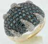 LARGE 2.87CT WHITE & BLUE DIAMOND 14KT YELLOW GOLD CLUSTER DOME SHAPE FUN RING