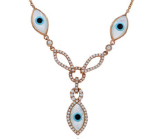 .31CT DIAMOND & AAA MOTHER OF PEARL 14K ROSE GOLD 3D LUCKY EVIL EYE FUN NECKLACE