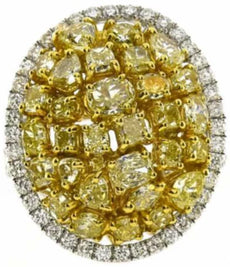 EXTRA LARGE 3.42CT WHITE & FANCY YELLOW DIAMOND 18KT 2 TONE GOLD 3D CLUSTER RING