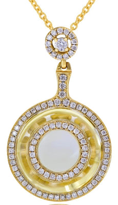 7.45CT DIAMOND & AAA LEMON QUARTZ 14KT YELLOW GOLD 3D CIRCULAR FLOATING PENDANT