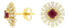 ESTATE 1.09CT DIAMOND & AAA RUBY 14KT YELLOW GOLD FLOWER STARBURST STUD EARRINGS