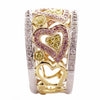 LARGE .90CT WHITE PINK & FANCY YELLOW DIAMOND 18K TRI COLOR GOLD HEART LOVE RING