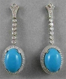 ESTATE 1.40CT DIAMOND & TURQUOISE 14K WHITE GOLD FILIGREE HANGING EARRINGS 20409