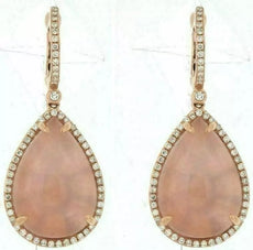 ESTATE LARGE 24.58CT DIAMOND & AAA ROSE QUARTZ 14K ROSE GOLD PEAR SHAPE EARRINGS