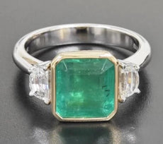 3.59CT DIAMOND & AAA EMERALD 18K 2 TONE GOLD SQUARE EMERALD CUT ENGAGEMENT RING
