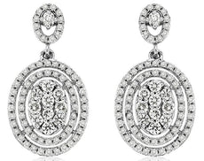 1.0CT DIAMOND 14KT WHITE GOLD ROUND CLUSTER DOUBLE HALO CLASSIC HANGING EARRINGS