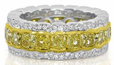 ESTATE 6.27CT WHITE & FANCY YELLOW DIAMOND 18KT 2 TONE GOLD CUSHION & ROUND RING